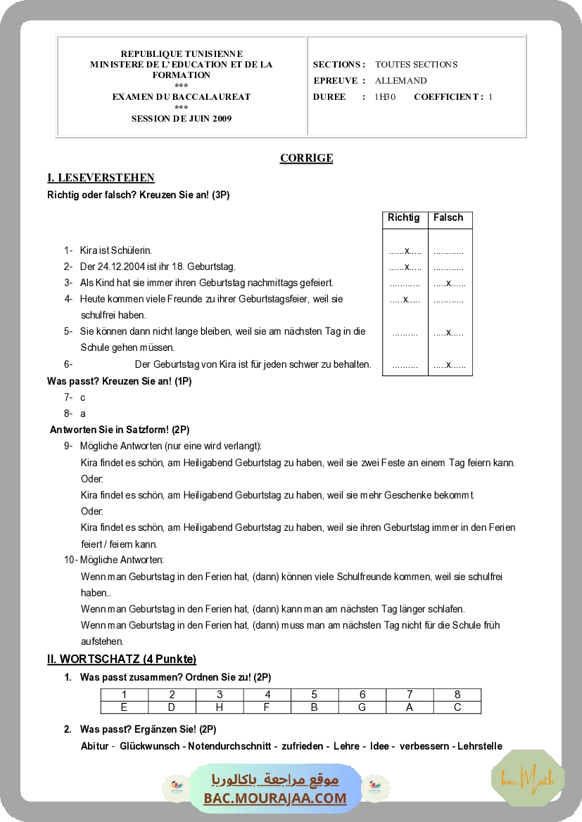 Corrigé principale  Bac 2009 – Section math